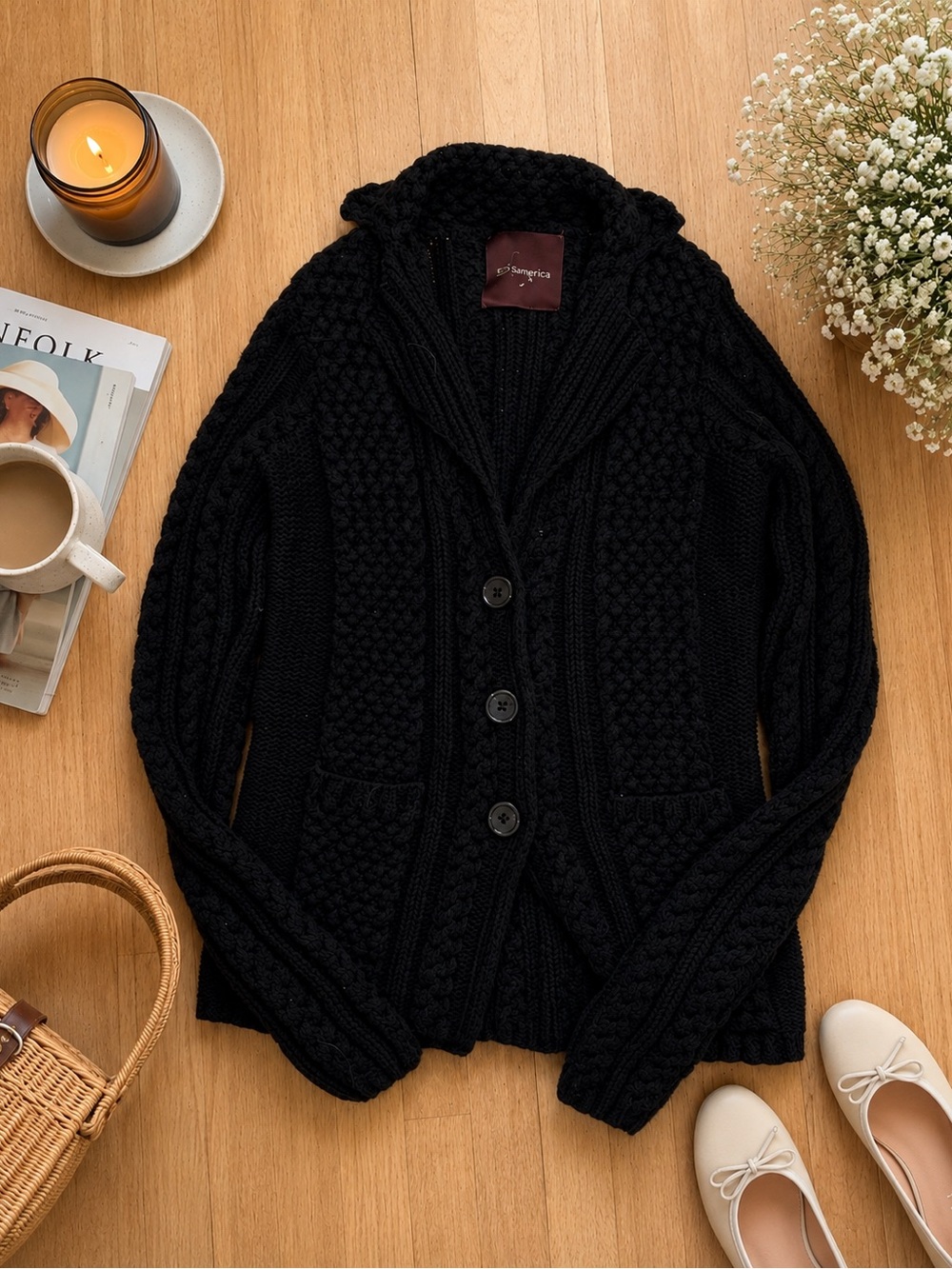 525 America Black 100% Cotton Cable Knit Shawl Collar Button Cardigan Sweater - Picture 1 of 5